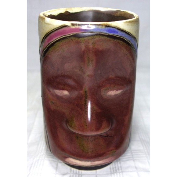 Signed Mara Stoneware Pottery Tribal Face Mug 6" Tall Made in Mexico - Picture 2 of 12
